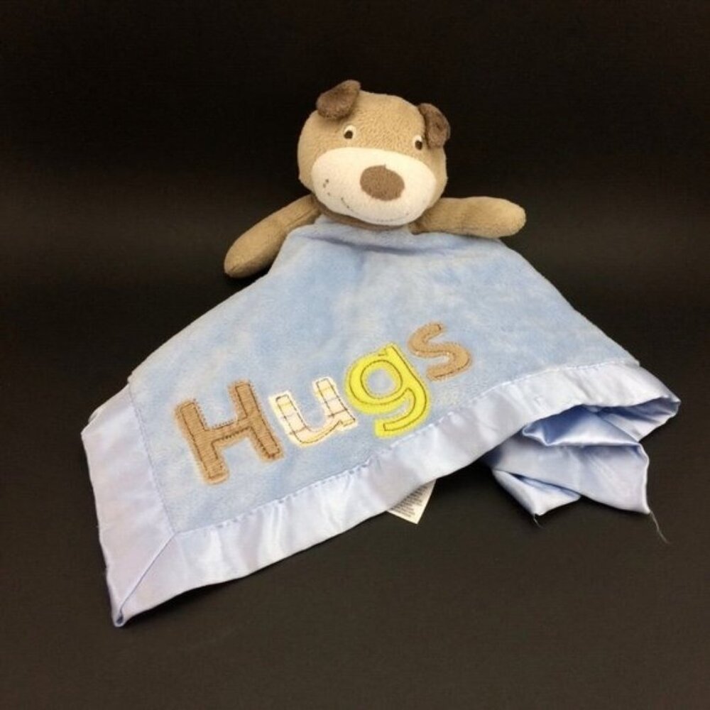 Carters Puppy Dog Hugs Lovey Rattle Blue Security Blanket Baby Plush AS IS Satin